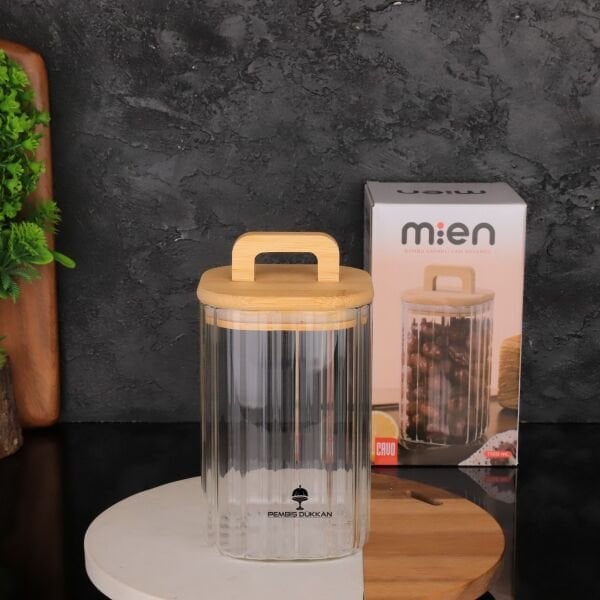 Kare Milla 1100ml Bambu Kapaklı, Çizgili Kavanoz (Bor 094)