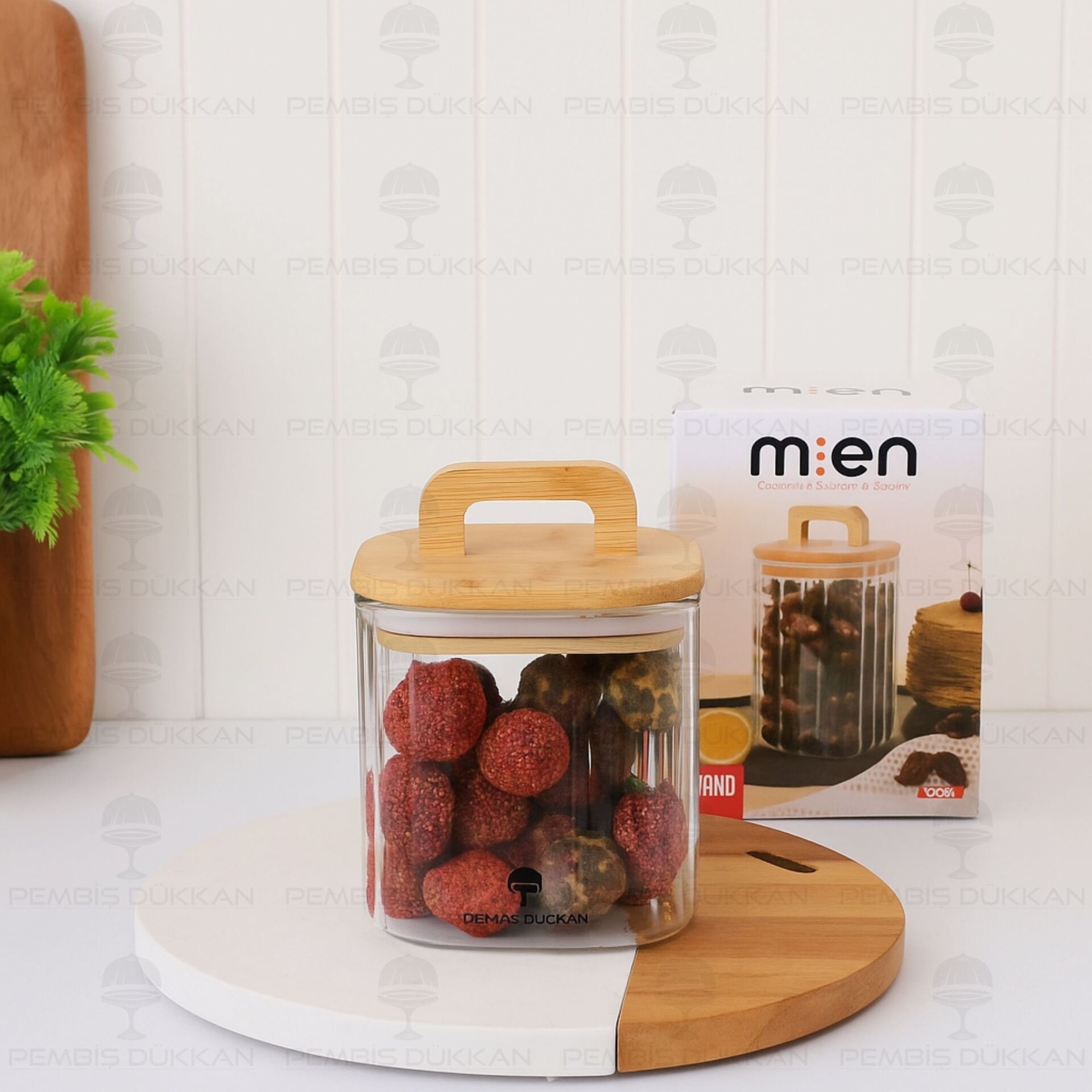 Kare Milla 700ml Bambu Kapaklı, Çizgili Kavanoz (Bor 093)