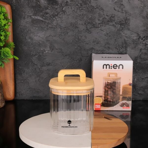 Kare Milla 700ml Bambu Kapaklı, Çizgili Kavanoz (Bor 093)
