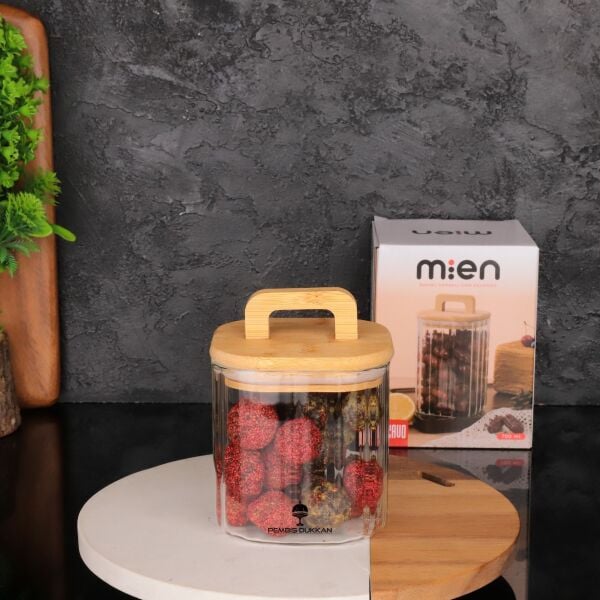 Kare Milla 700ml Bambu Kapaklı, Çizgili Kavanoz (Bor 093)