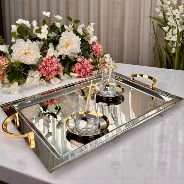 Celine Gold Dikdörtgen Çelik Çay Tepsisi