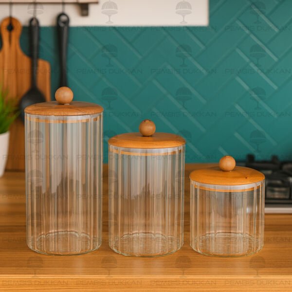 3lü Cavo Çizgili Tezgah Üstü Kavanoz Set (Bor084-085-086)