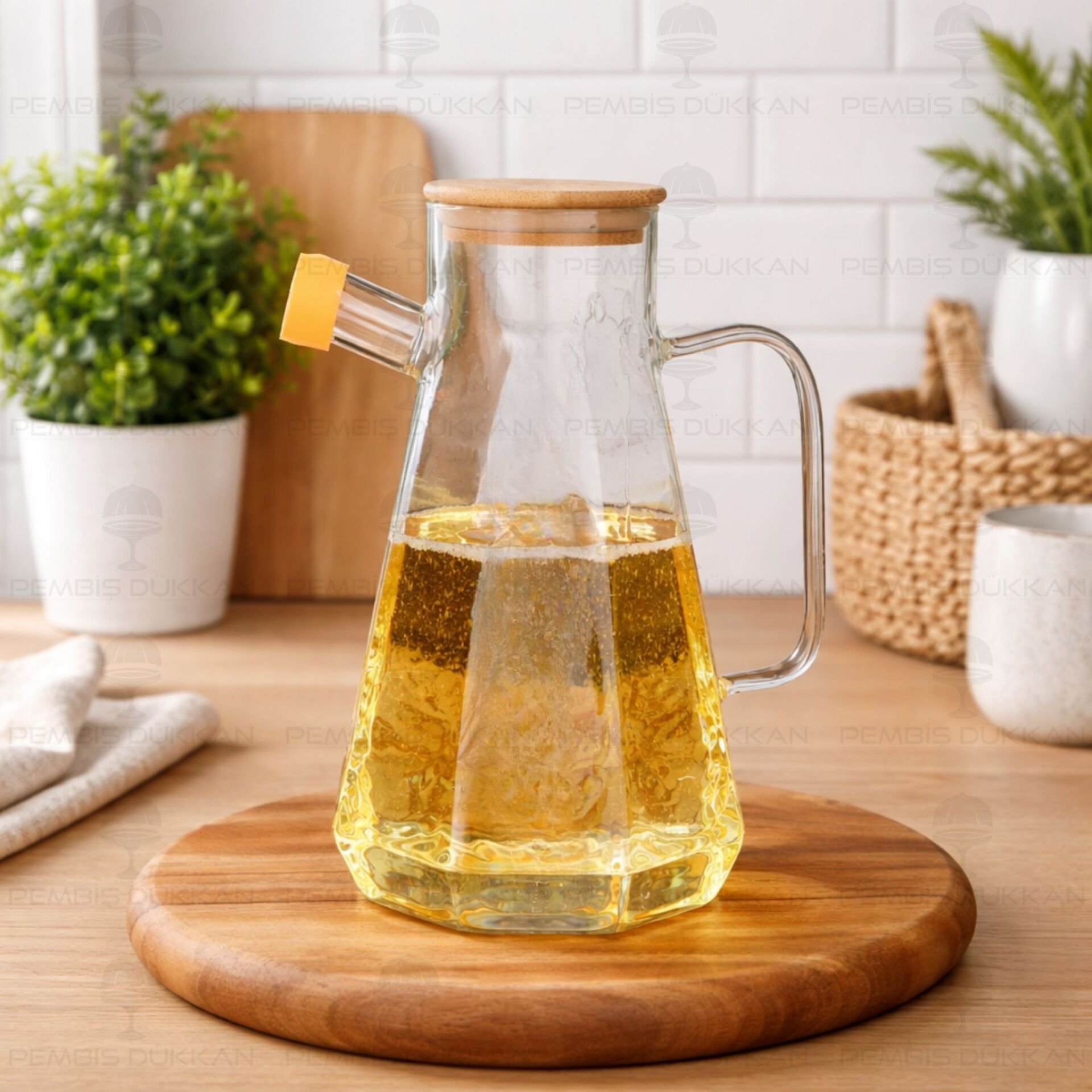 Köşeli Bambu Kapaklı 1000ml Yağdanlık (Gla012)