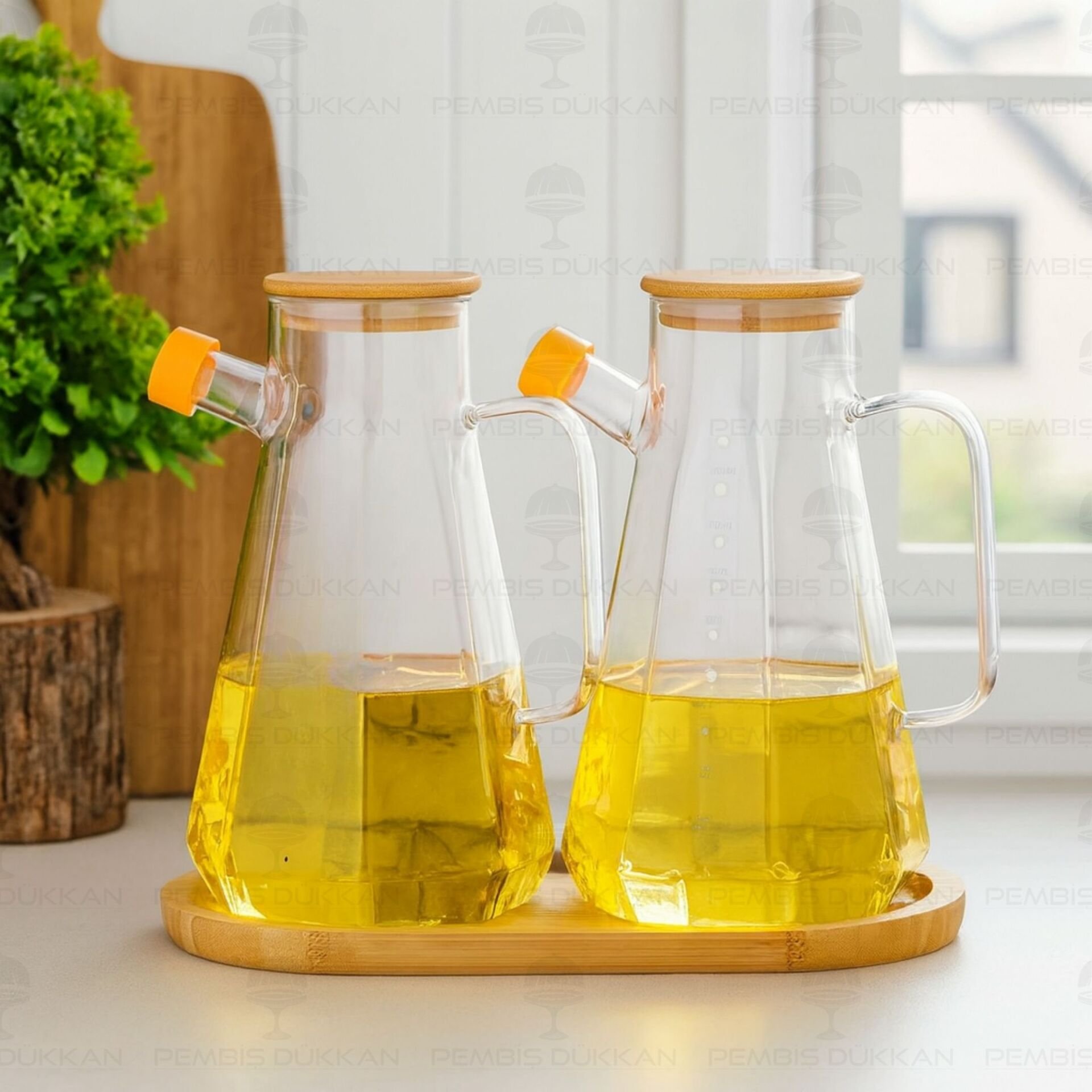 Bambu Altlıklı, 2li Köşeli Bambu Yağdanlık Set (Gla012 + 75652)