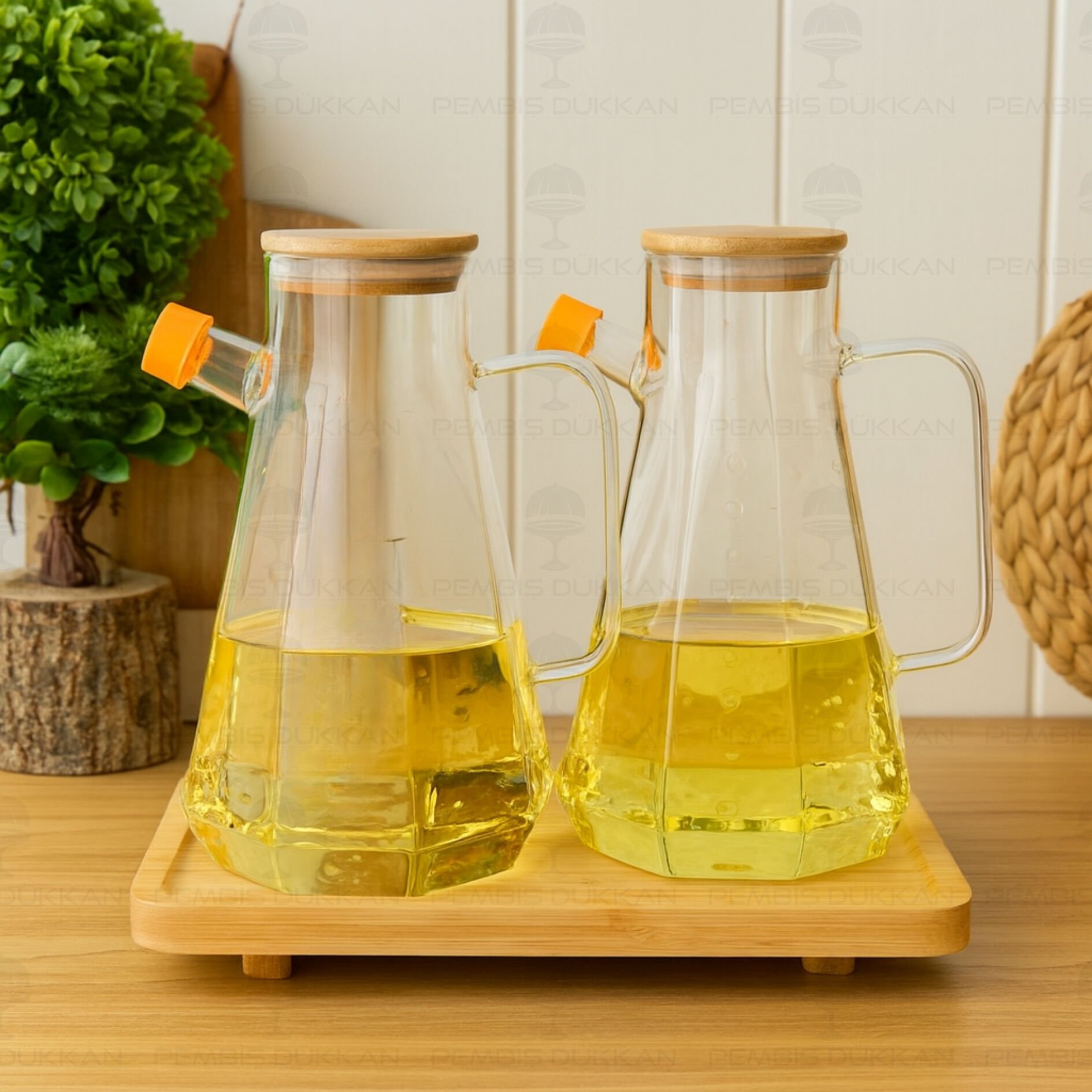 Bambu Altlıklı, 2li Köşeli Bambu Yağdanlık Set (Gla012 + 8b31)