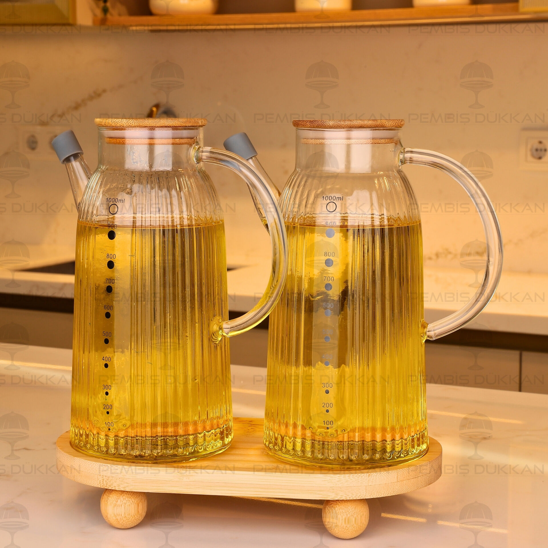 Bambu Altlıklı, 2li İnce Çizgili Bambu Yağdanlık Set (Gla04 + 1094)