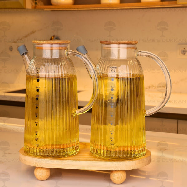 Bambu Altlıklı, 2li İnce Çizgili Bambu Yağdanlık Set (Gla04 + 1094)