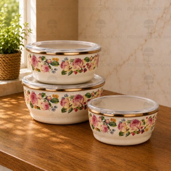 Rose Deluxe 3lü Emaye Saklama Kabı