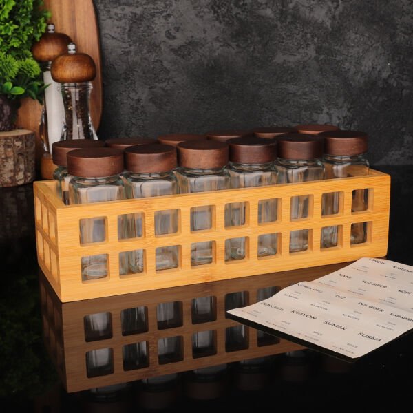 Bambu Kafes Standlı, 12li Bohem Akasya Kapaklı Baharatlık Set (1281)