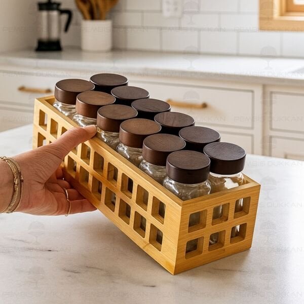 Bambu Kafes Standlı, 12li Bohem Akasya Kapaklı Baharatlık Set (1281)