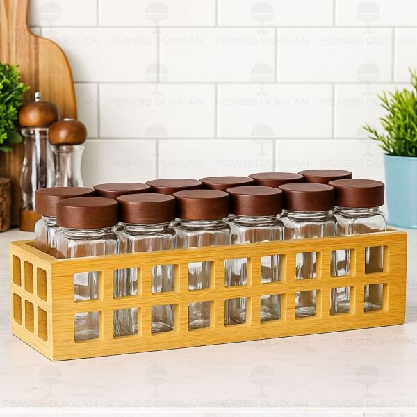 Bambu Kafes Standlı, 12li Bohem Akasya Kapaklı Baharatlık Set (1281)