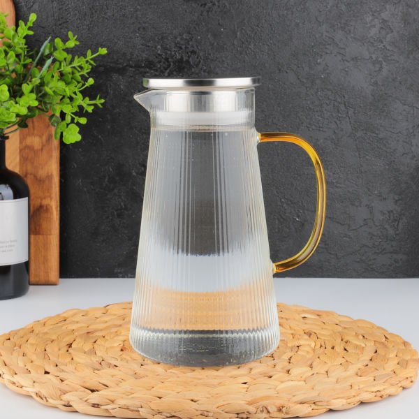 1300ml Çizgili Uzun, Metal Kapaklı Borosilikat Cam Sürahi (No 2)