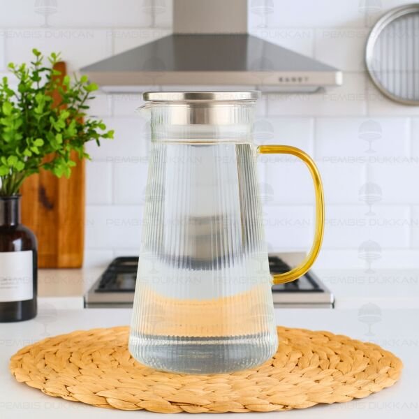 1300ml Çizgili Uzun, Metal Kapaklı Borosilikat Cam Sürahi (No 2)