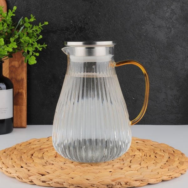 1300ml Çizgili Uzun, Metal Kapaklı Borosilikat Cam Sürahi (No 3)
