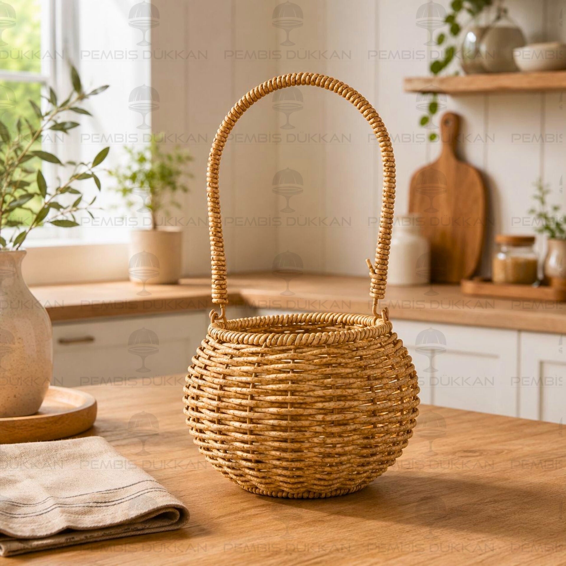 Bohem Rattan Kulplu Küçük Sepet (1686)