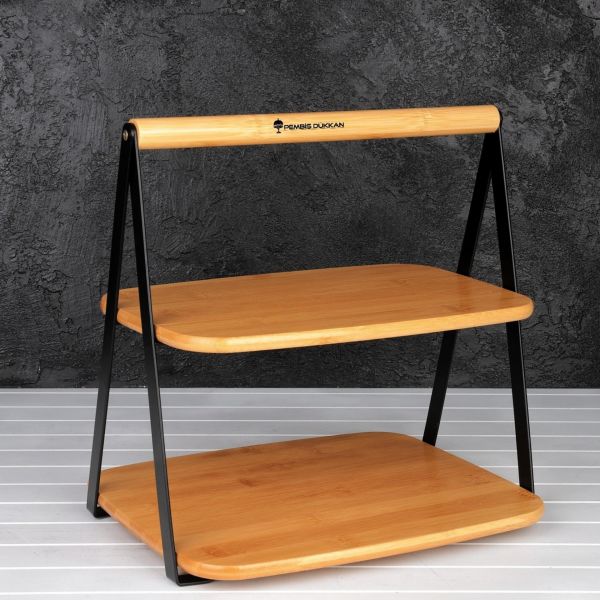 Bambu 2 Katlı Siyah Metal Standlı Peynir & Kurabiye Sunum Standı (723)