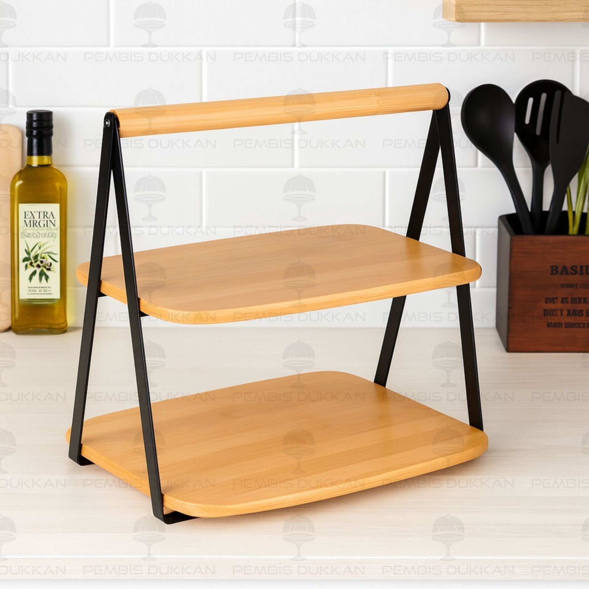 Bambu 2 Katlı Siyah Metal Standlı Peynir & Kurabiye Sunum Standı (723)
