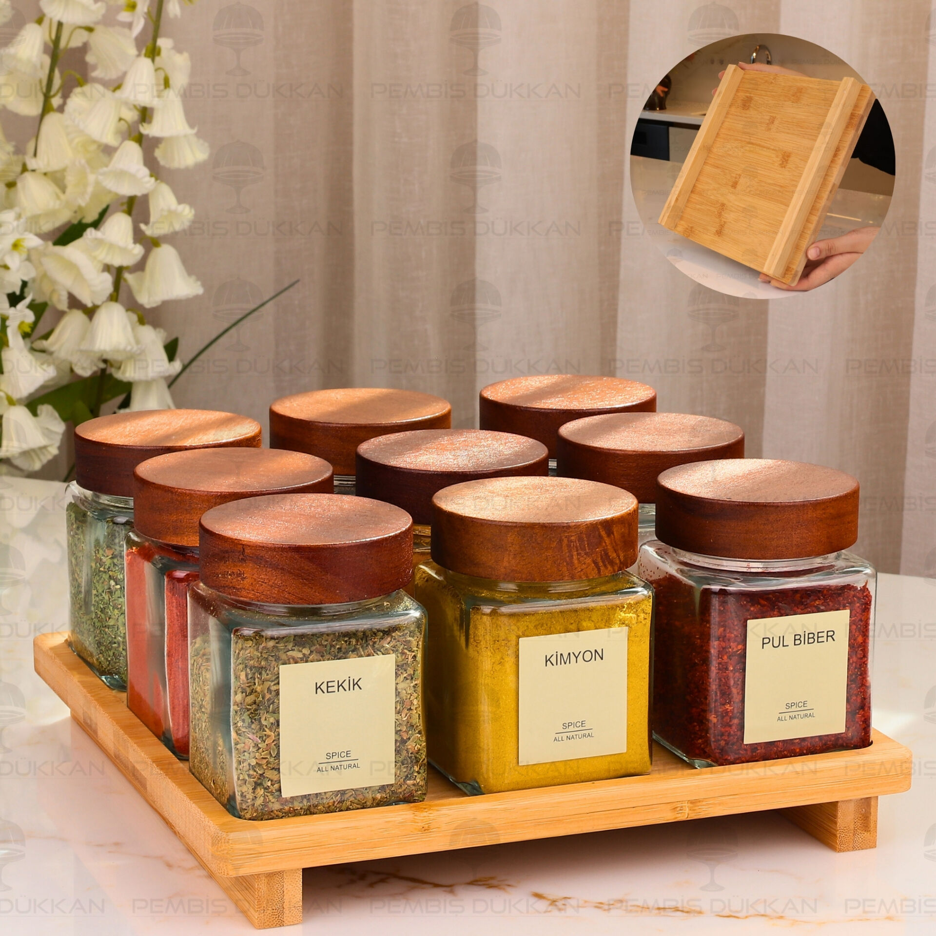 10lu Yeni Model Bambu Kare Standlı,  Akasya Kapaklı Baharatlık Kombin Set