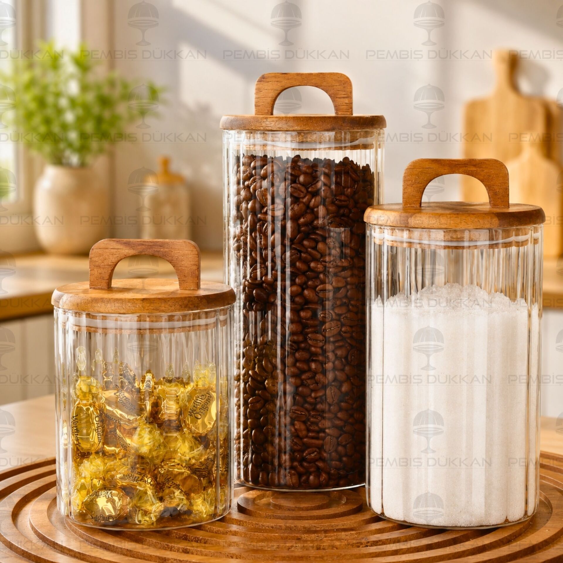 3lü Lenny Akasya Kapaklı Tezgah Üstü Kavanoz Set (9r28)