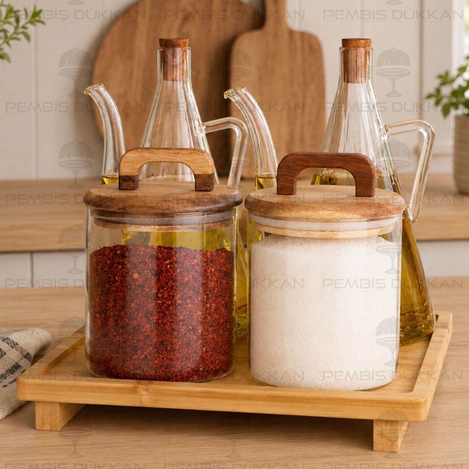 5'li Bambu Standlı İbrik Ocak Yanı Yağdanlık Kombin Set 3