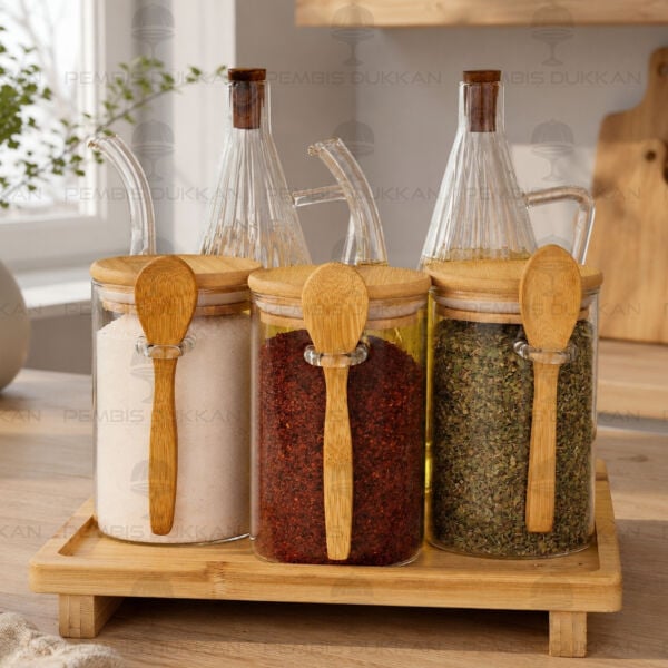 5li Bambu Standlı İbrik Ocak Yanı Yağdanlık Kombin Set 4