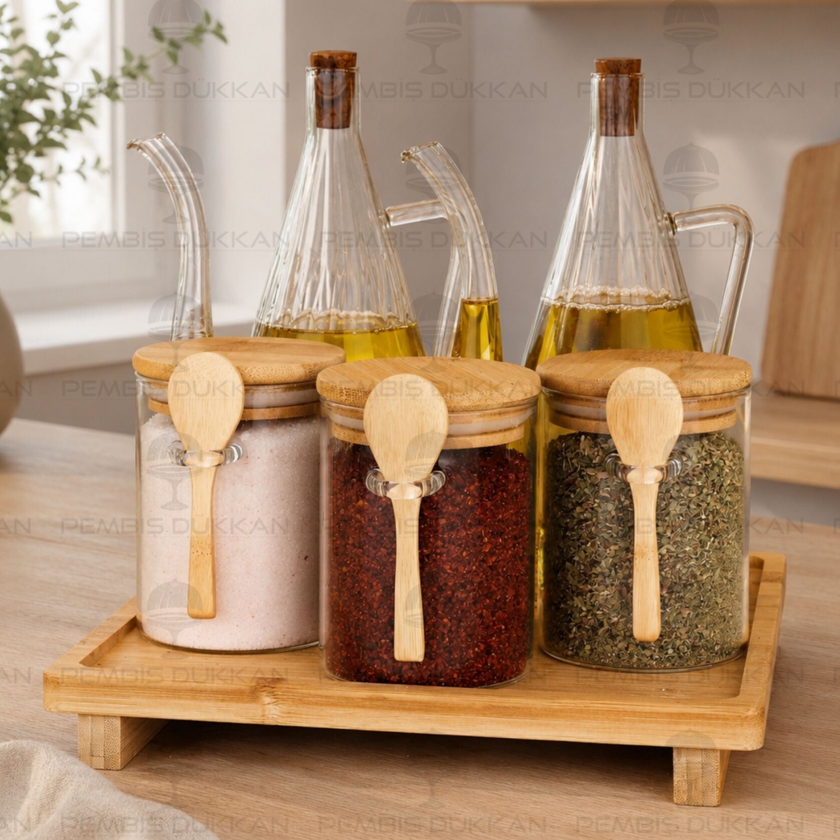 5'li Bambu Standlı İbrik Ocak Yanı Yağdanlık Kombin Set 5
