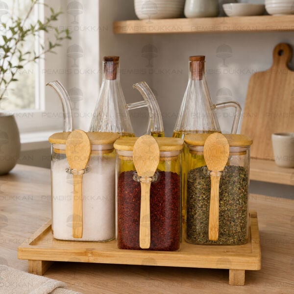 5'li Bambu Standlı İbrik Ocak Yanı Yağdanlık Kombin Set 6