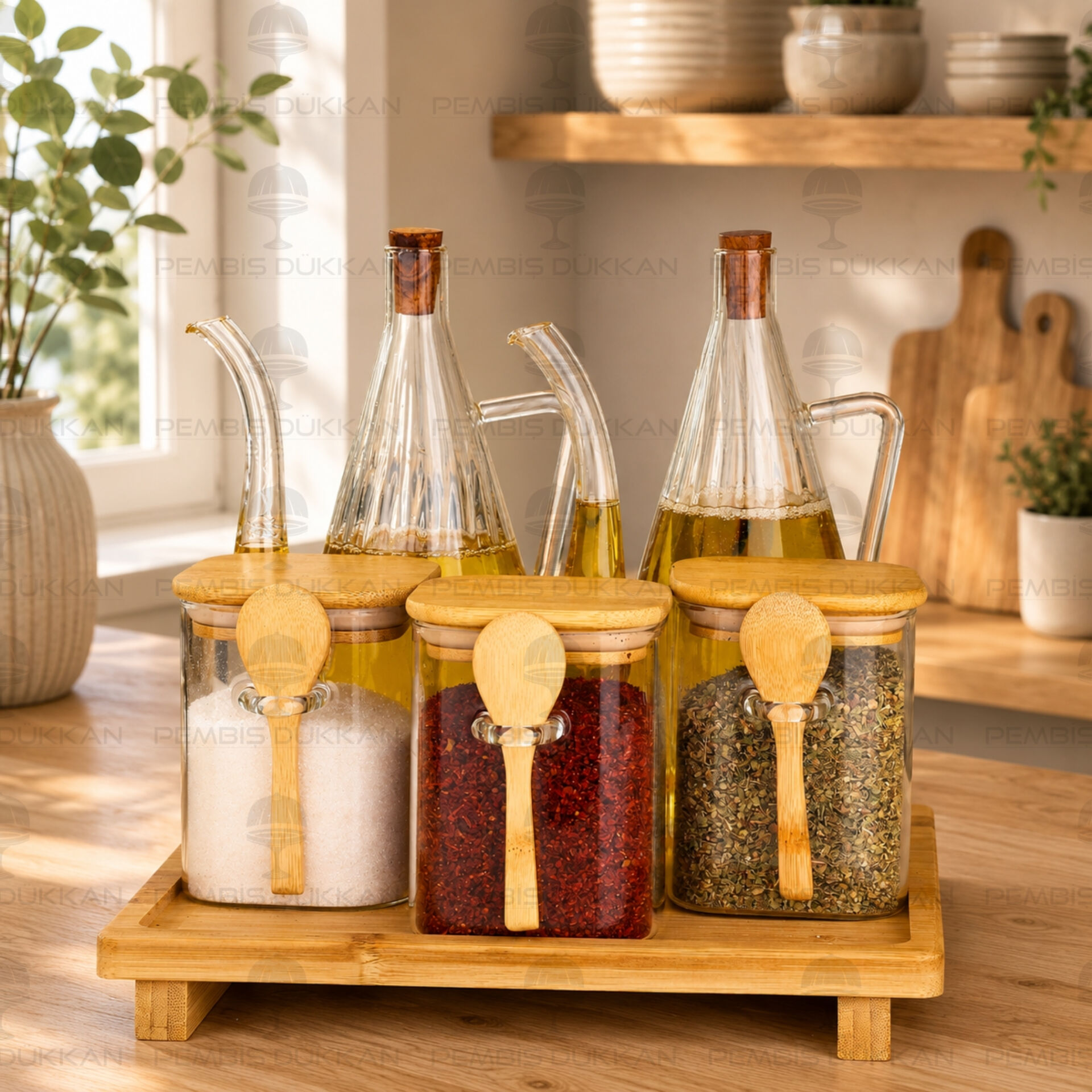5li Bambu Standlı İbrik Ocak Yanı Yağdanlık Kombin Set 7