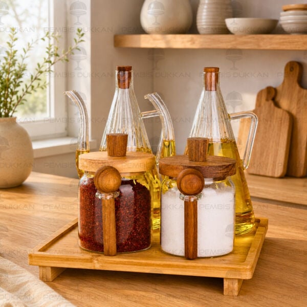 4lü Bambu Standlı İbrik Ocak Yanı Yağdanlık Kombin Set 8