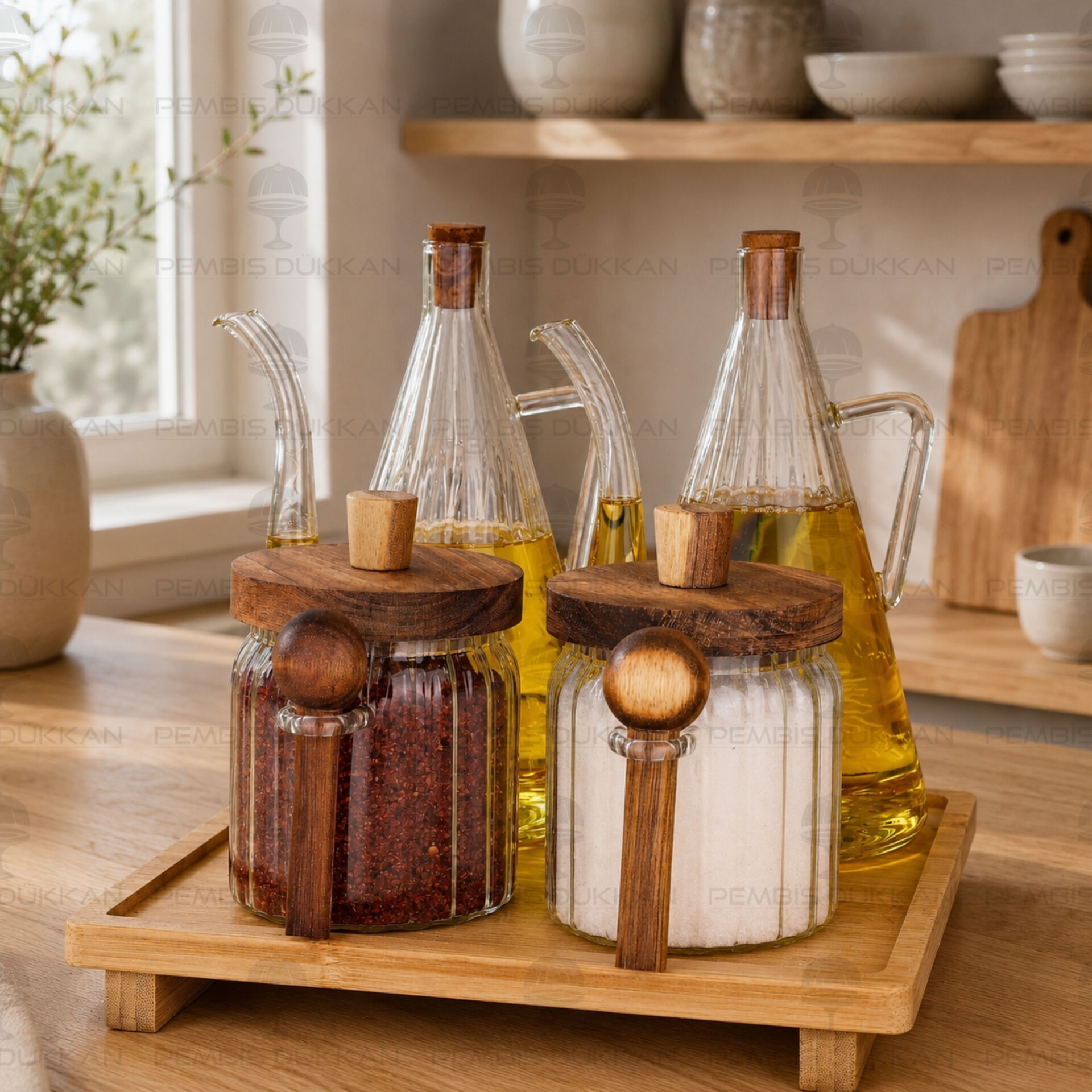 4'lü Bambu Standlı İbrik Ocak Yanı Yağdanlık Kombin Set 9