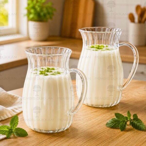 2li Çizgili Borosilikat Cam Kulplu Ayran Limonata Bardağı 77417