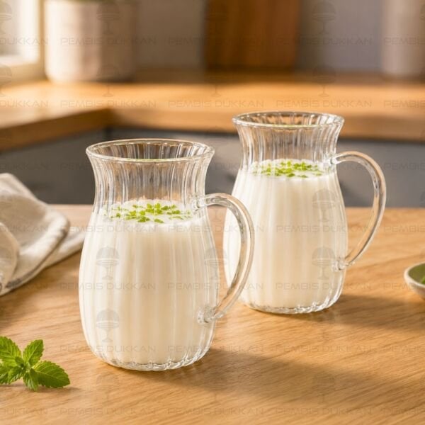 2li Çizgili Borosilikat Cam Kulplu Ayran Limonata Bardağı 77417