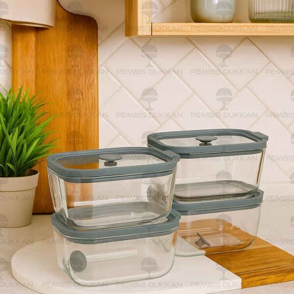 Gri 470ml Silikon Vakumlu, Cam Saklama Kabı (3h01g)