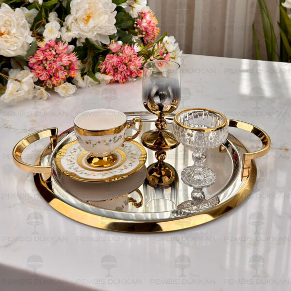 Tiamo Celine Gold Yuvarlak Çelik Kahve Tepsi