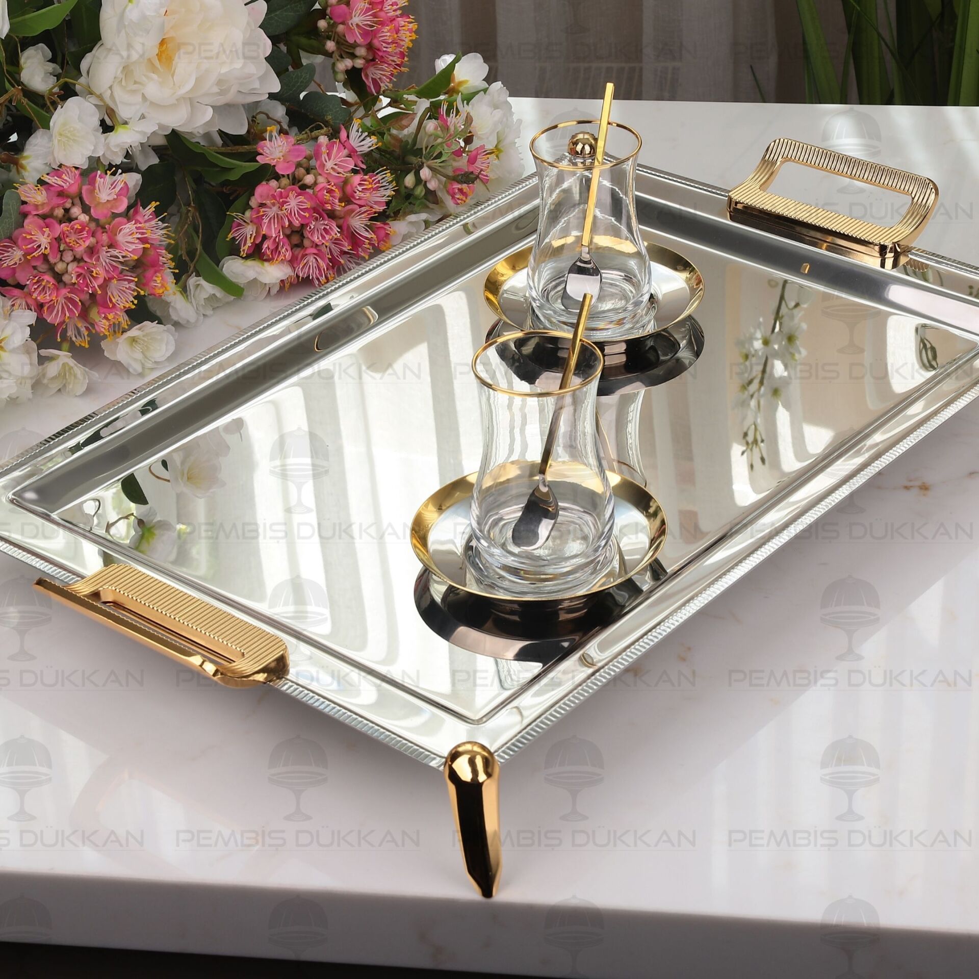 Tiamo Mios Gold Ayaklı Çelik Çay Tepsi
