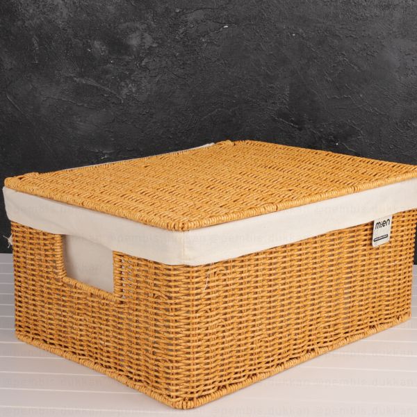 3lü Rattan Dikdörtgen Bezli Kapaklı Sepet