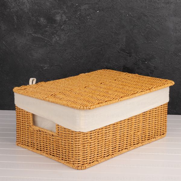 3lü Rattan Dikdörtgen Bezli Kapaklı Sepet