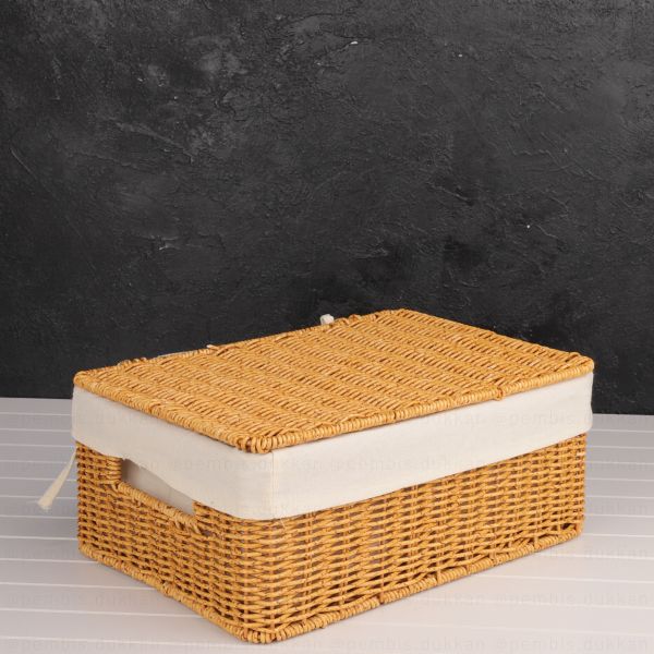 3lü Rattan Dikdörtgen Bezli Kapaklı Sepet