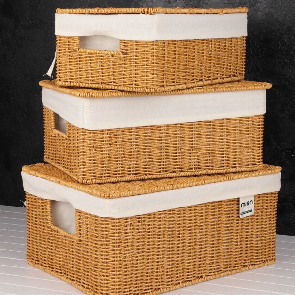 3lü Rattan Dikdörtgen Bezli Kapaklı Sepet