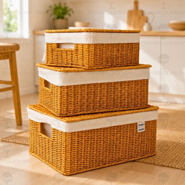 3lü Rattan Dikdörtgen Bezli Kapaklı Sepet