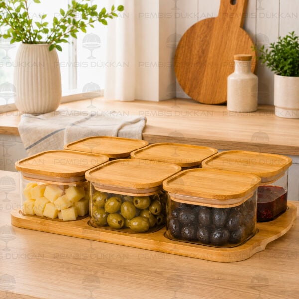 6lı Bambu Kapaklı Tepsili Cam Kahvaltılık (MF-003)