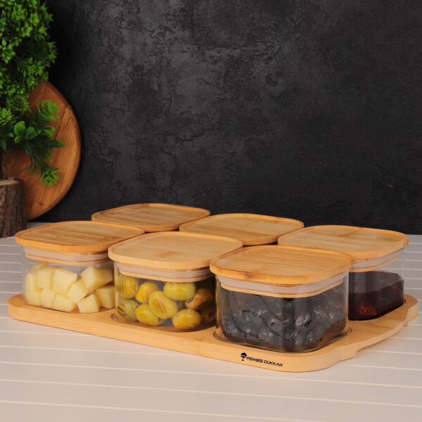6lı Bambu Kapaklı Tepsili Cam Kahvaltılık (MF-003)