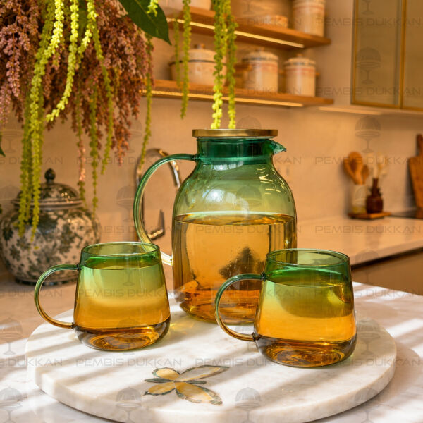 3lü Yeşil Metal Kapaklı Borosilikat Cam Sürahi Set (4036)